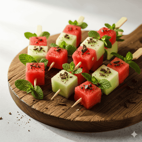 Spiedini di Melone Anguria Menta Scaglie di Cioccolato