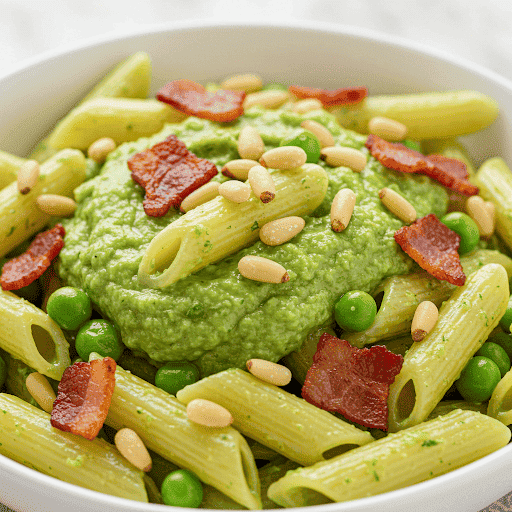 LA PASTA CON PESTO DI PISELLI E PANCETTA CROCCANTE