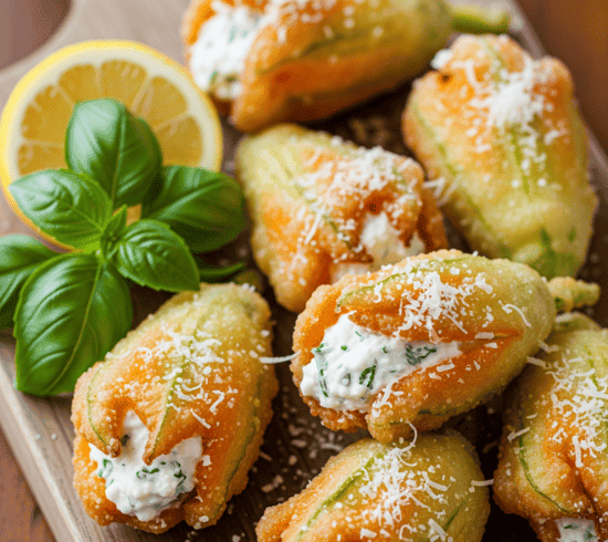 Fiori di Zucca ripieni di Ricotta, Bel Paese e Menta