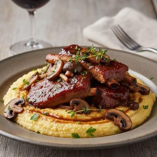 COSTINE DI MAIALE CON FUNGHI E POLENTA: PIATTO RICCO