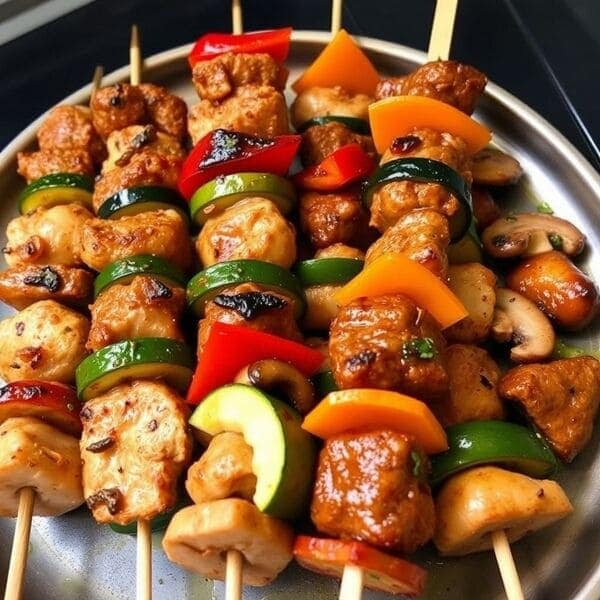 SPIEDINI DI POLLO MANZO E VERDURE MARINATE.