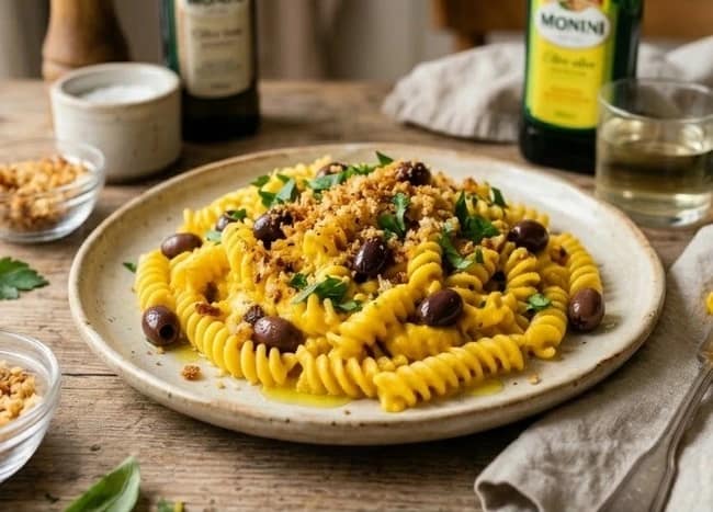 Fusilli con crema di peperoni gialli e olive cremosissima