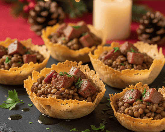 Cestini di Grana con Lenticchie e Cotechino