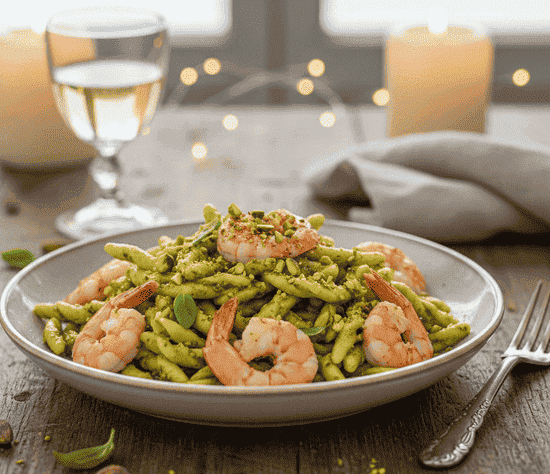 TROFIE CON PESTO DI PISTACCHI E GAMBERETTI
